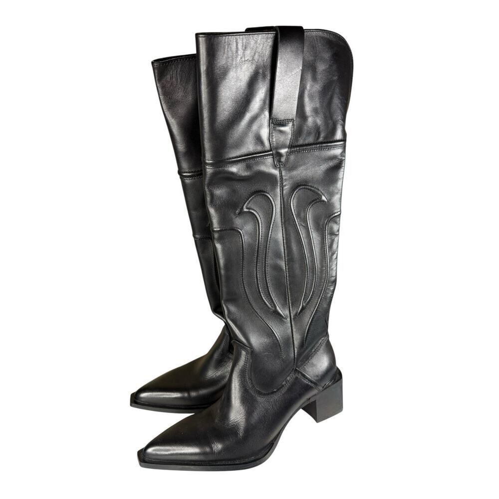 NEW Zara Black Leather Western Cowboy Boots Pull On Knee High EU 37 US 6.5 - Picture 3 of 11